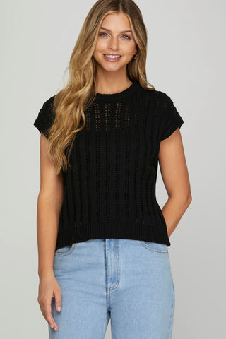 Drop Shoulder Sweater Top- Black-Short Sleeve Top-K. Ellis Boutique