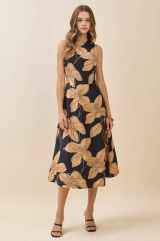 Bold Floral Print High Crew Neck Midi Dress-K. Ellis Boutique