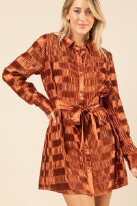 Shiny Satin Pleated Holiday Party Shirt Mini Dress- Rust-K. Ellis Boutique
