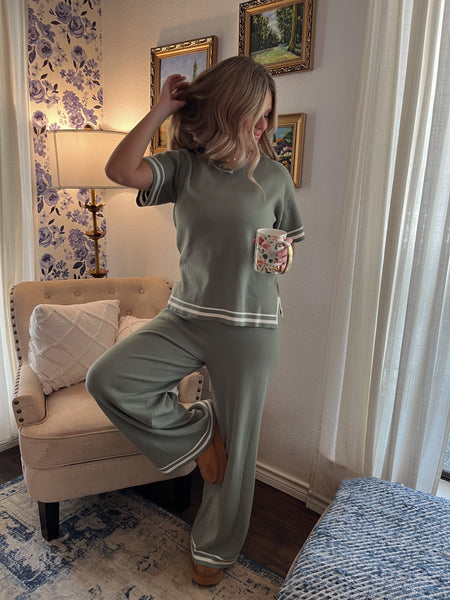 Viscose Blend Contrast Sweater Set- Sage-K. Ellis Boutique