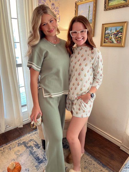 Viscose Blend Contrast Sweater Set- Sage-K. Ellis Boutique