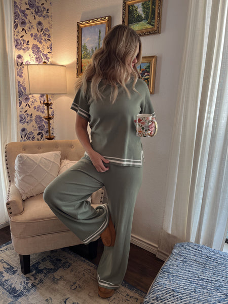 Viscose Blend Contrast Sweater Set- Sage-K. Ellis Boutique