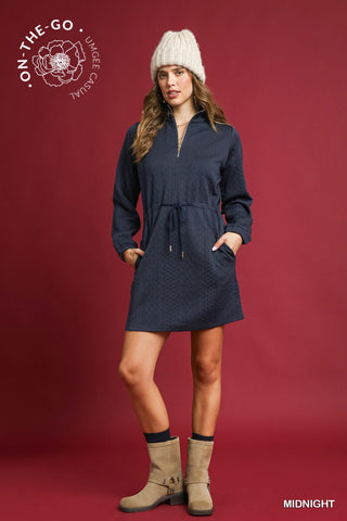 Quarter Zip Cable Knit Mini Dress- Midnight-K. Ellis Boutique