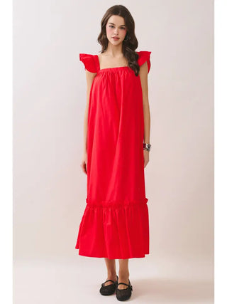 Ruffle Cap Sleeve Midi Dress- Red-Midi/Maxi Dress-K. Ellis Boutique