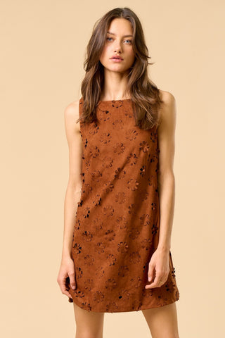 Flower Cut Out Suede Dress- Brown-K. Ellis Boutique