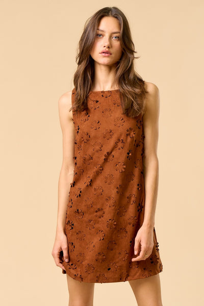 Flower Cut Out Suede Dress- Brown-K. Ellis Boutique