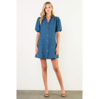 Contrast Collar Puff Sleeve Mini- Denim-K. Ellis Boutique