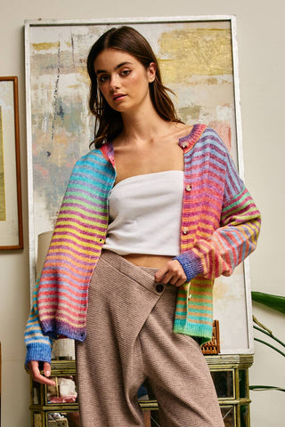 Striped Button Down Cardigan Rainbow-Cardigans-K. Ellis Boutique
