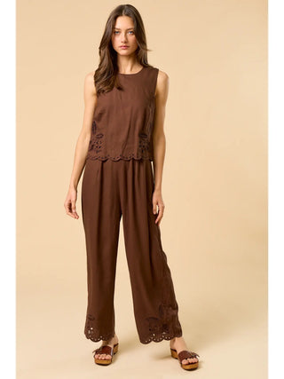 Embroidered Sleeveless Jumpsuit- Chocolate Brown-jumpsuits/rompers-K. Ellis Boutique