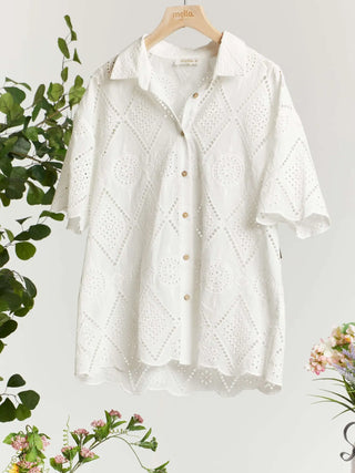 Lace Short Sleeve Button Up- White-K. Ellis Boutique