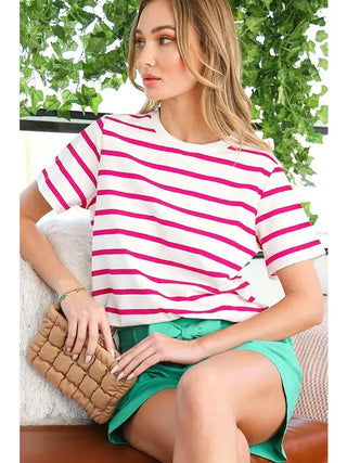 Short Sleeve Striped Crew Neck Tee- Red-K. Ellis Boutique