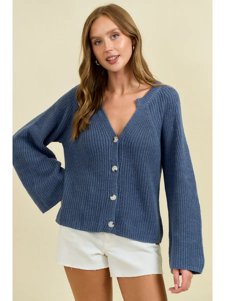 Blouson Sleeve Cardigan- Denim Blue-K. Ellis Boutique
