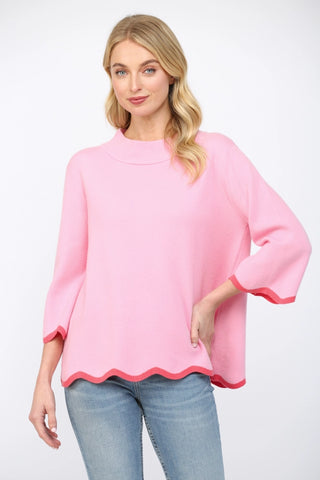 Scallop Edge Detailed Mock Neck Sweater Top- Pink & Red-Sweater-K. Ellis Boutique