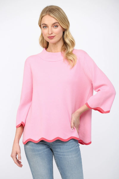 Scallop Edge Detailed Mock Neck Sweater Top- Pink & Red-K. Ellis Boutique