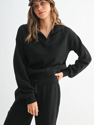 Lounge Layer Long Sleeve Collared Pullover- Black-K. Ellis Boutique