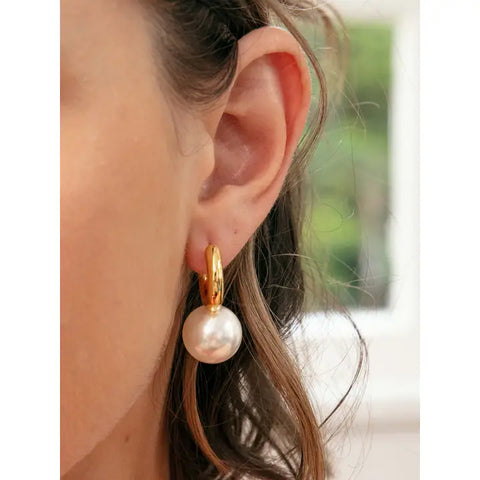 Pearl Drop Huggie Earring- Gold-K. Ellis Boutique