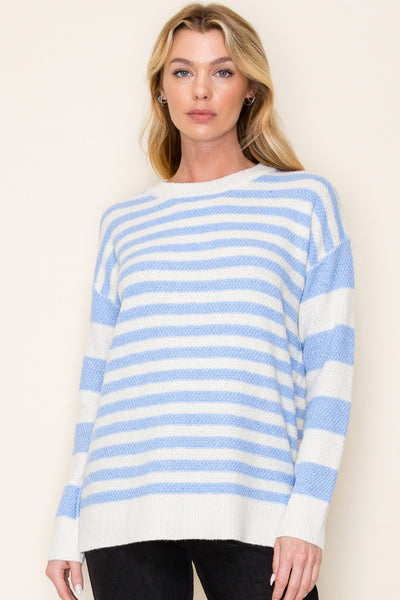 Textured Stripe Long Sleeve Crew Neck- Chambray-K. Ellis Boutique