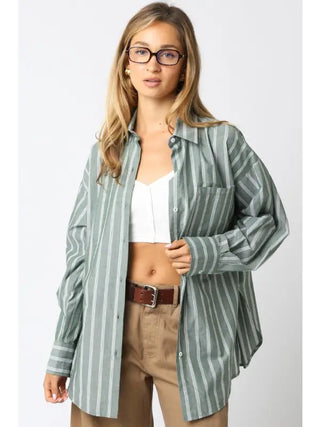 Mylie Striped Button Up- Olive-K. Ellis Boutique