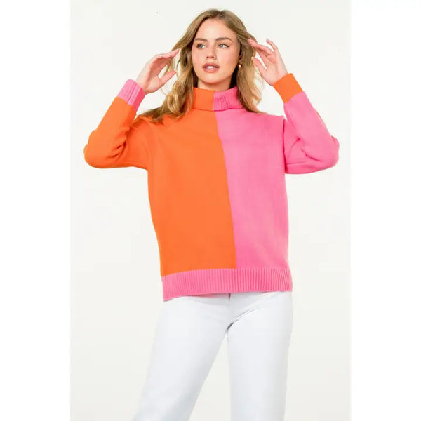 Colorblock Turtleneck Sweater- Pink/Orange-K. Ellis Boutique