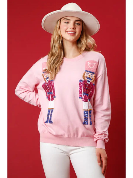 Sequin Nutcracker Embroidered Sweater- Baby Pink-K. Ellis Boutique