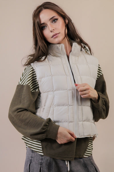 Solid Puffer Padded Warm Vest- Cream-K. Ellis Boutique