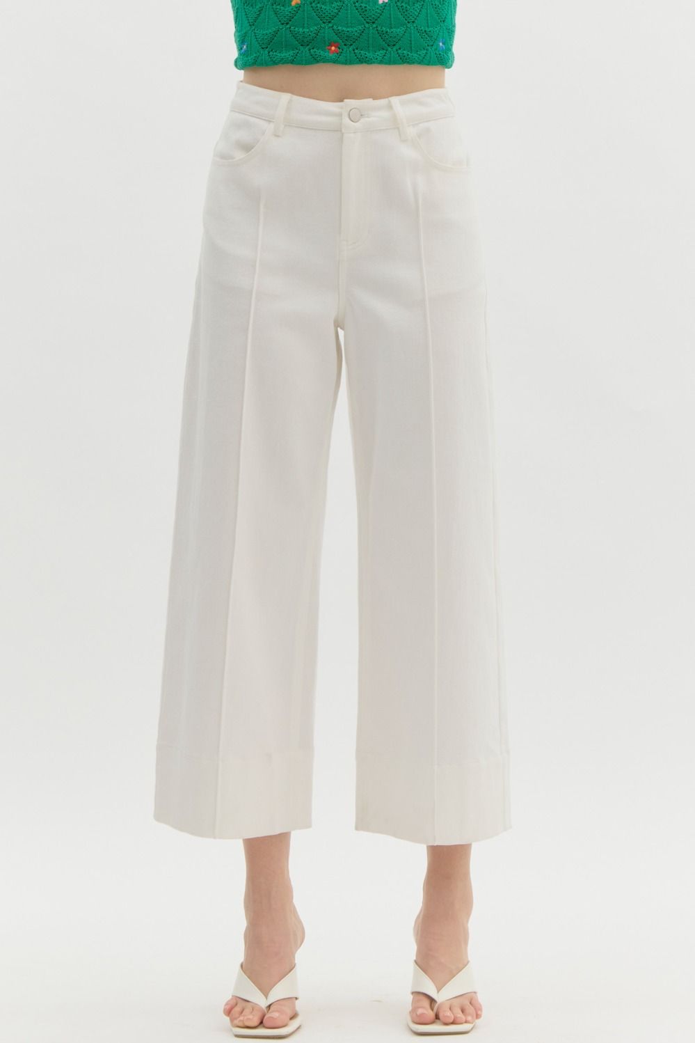 Solid Mid Rise Wide Leg Pants- Off White-K. Ellis Boutique