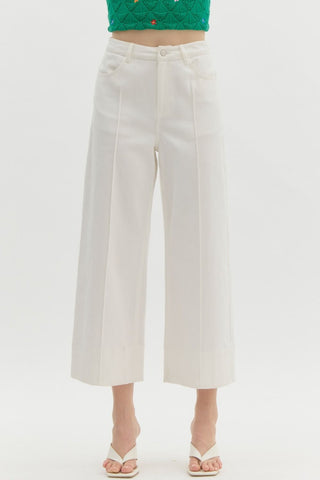 Solid Mid Rise Wide Leg Pants- Off White-K. Ellis Boutique