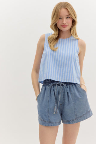 Denim High Waist Pull on Shorts- Denim-K. Ellis Boutique