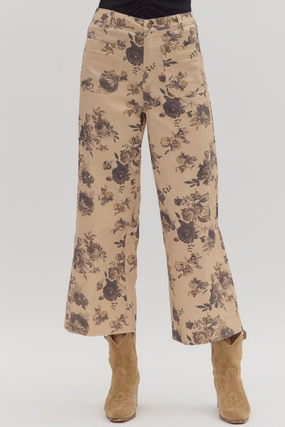 Floral Pattern Mid Rise Jeans- Taupe-K. Ellis Boutique