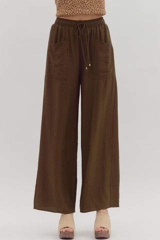 Wide Leg Elastic Waist Pants- Brown-Pant-K. Ellis Boutique
