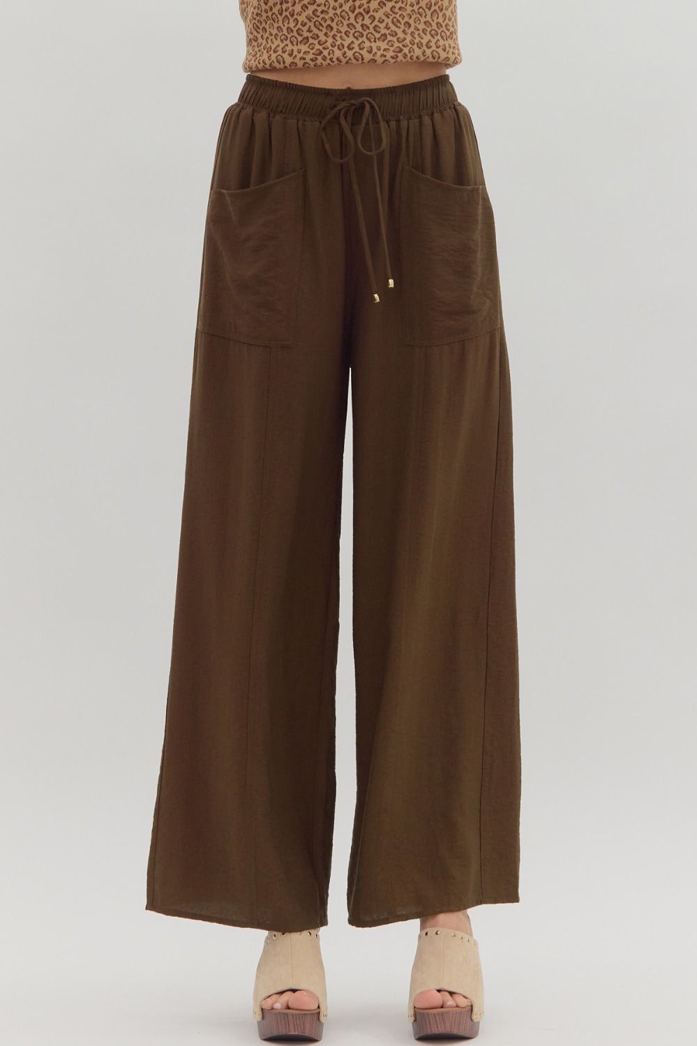 Wide Leg Elastic Waist Pants- Brown-K. Ellis Boutique