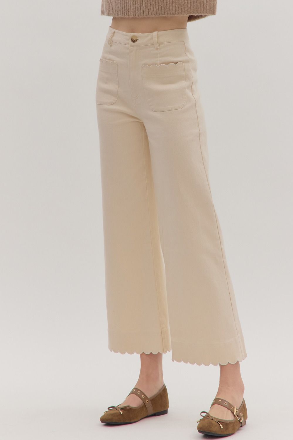 Scallop Trim Wide Leg Pants- Ecru-K. Ellis Boutique