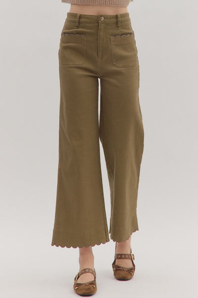 Scallop Trim Wide Leg Pants- Olive-K. Ellis Boutique