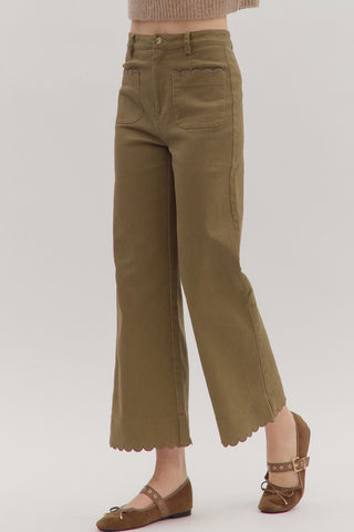 Scallop Trim Wide Leg Pants- Olive-K. Ellis Boutique