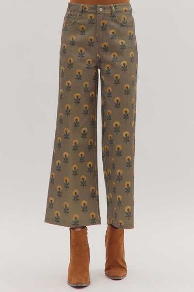 Botanical Print Wide- Leg Pant- Olive Print-K. Ellis Boutique