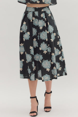 Floral Pleated Midi Skirt- Navy-K. Ellis Boutique