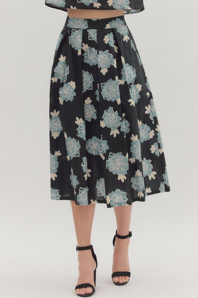 Floral Pleated Midi Skirt- Navy-K. Ellis Boutique