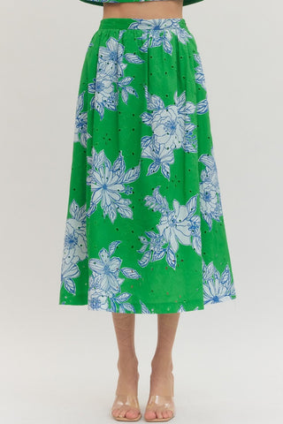 Eyelet Bloom Midi Skirt- green-Shorts & SKirts-K. Ellis Boutique