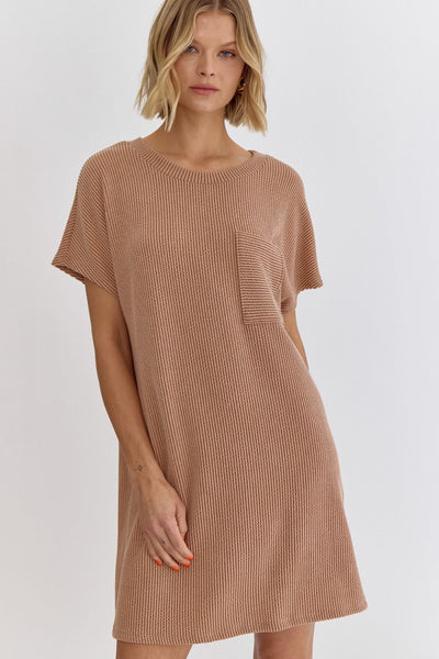 Ribbed Round Neck Mini Dress- Peanut Butter-K. Ellis Boutique