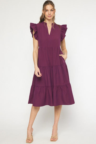 V-Neck Ruffle Sleeve Tiered Midi Dress-K. Ellis Boutique