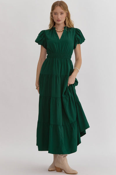 Solid Bubble Sleeve V-Neck Midi Dress- Hunter Green-K. Ellis Boutique