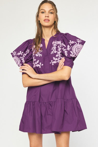 Floral Embroidered V-Neck Mini Dress-Violet-K. Ellis Boutique