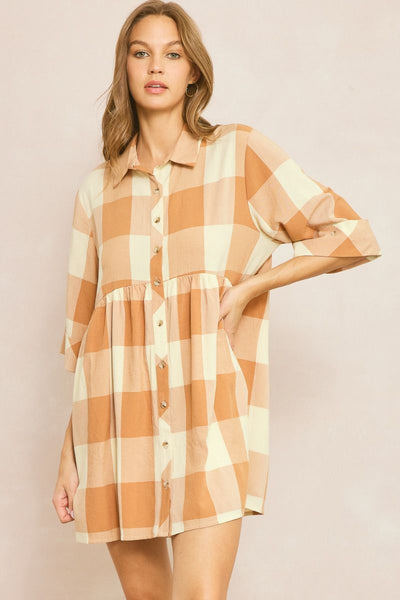 Checkered Collared Button Down Mini Dress- Caramel-K. Ellis Boutique