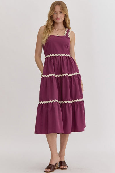 Solid Square Neck Ric Rac Midi Dress- Plum-K. Ellis Boutique