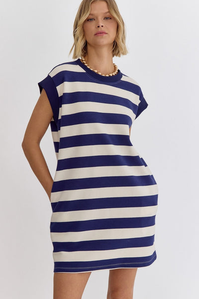 Stripe Sleeveless Mini Dress - Navy-K. Ellis Boutique