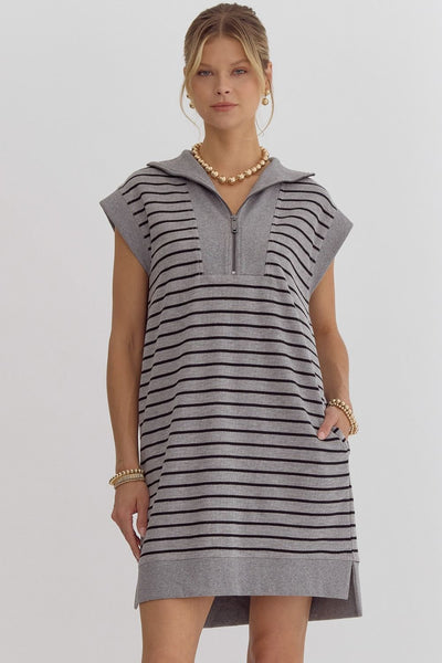 Stripe Print Ribbed Mini Dress- Grey-K. Ellis Boutique