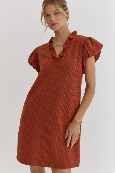 Textured Short-Sleeve Dress- Rust-K. Ellis Boutique