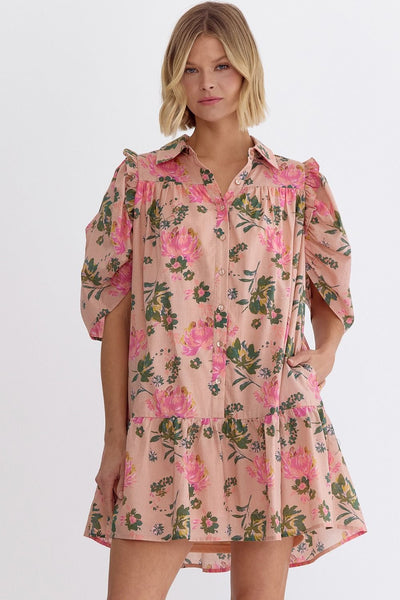 Floral Collared Button Up Mini Dress - Peach-K. Ellis Boutique