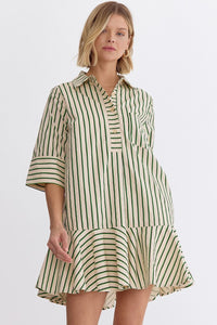 Striped Collared Flare Mini Dress - Green-K. Ellis Boutique