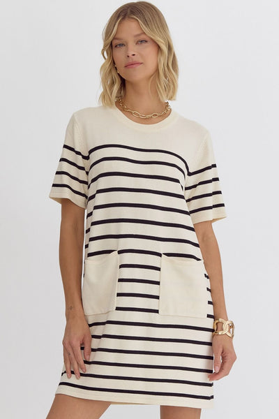 Stripe Print Round Neck Mini Dress - Cream-K. Ellis Boutique